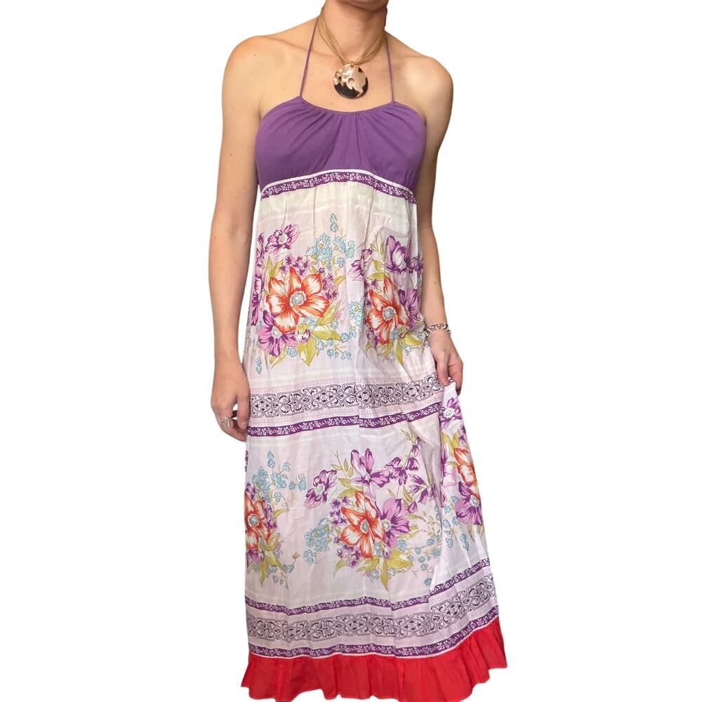 Anthro Lilka Floral Halter Dress | Boho Cottagecore Sundress Purple Pink Midi - Picture 2 of 3